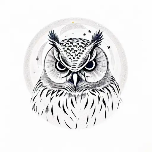 Owl At Night With Moon And Stars