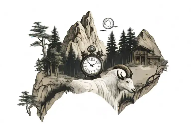 Mountain With Trees And Clock And Mountain Goat
