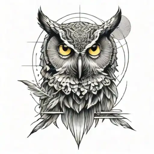 Half Owl With Sun Ray And Rectilinear Shapes And Surrounded By Design Shape