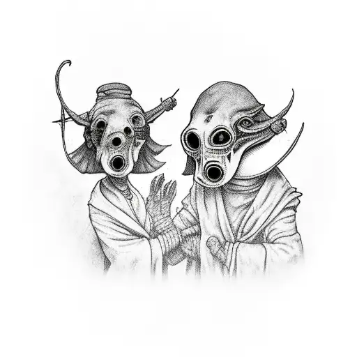 Male And Female Plague Doctors Holding Hands
