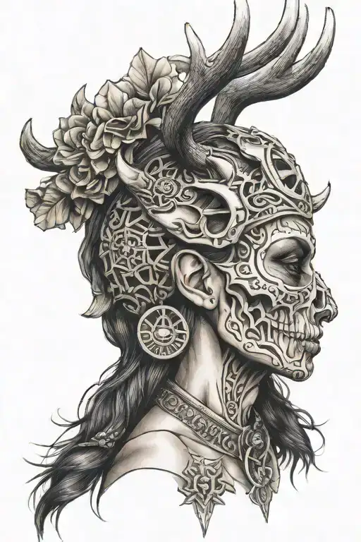 A Warrior Woman's Face Wearing A Deer Skull On Her Head
