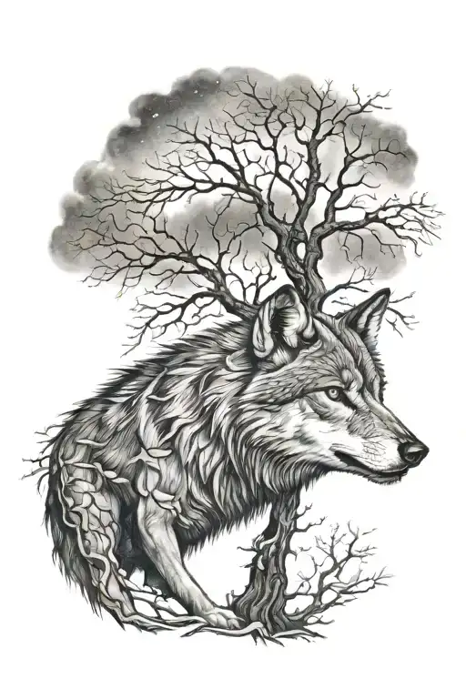A Wolf Under A Dry Tree At Night