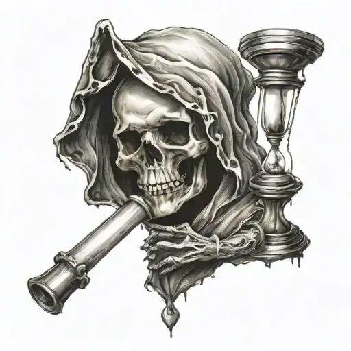 Death Holding Scroll Wrapped In Hand With Hour Glass In Other Hand Tattoo Design
