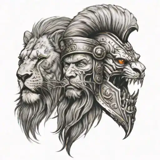 Portrait With One Side A Lion And The Other A Sakull And The Skull Be Wearing A Spartan Helmet