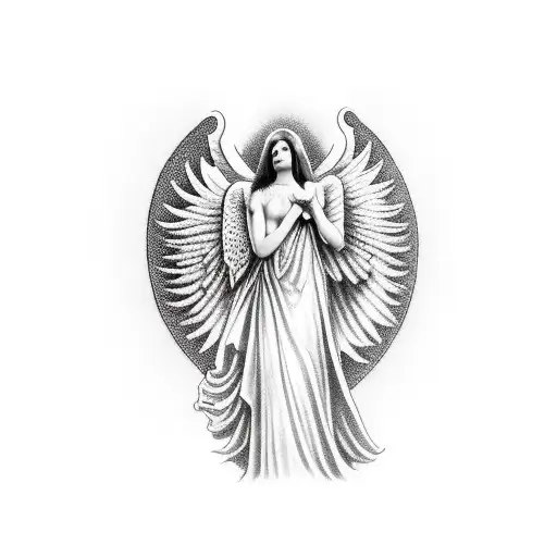 A Dotwork Tattoo Of A Guardian Angel Holding A Vintage Firearm