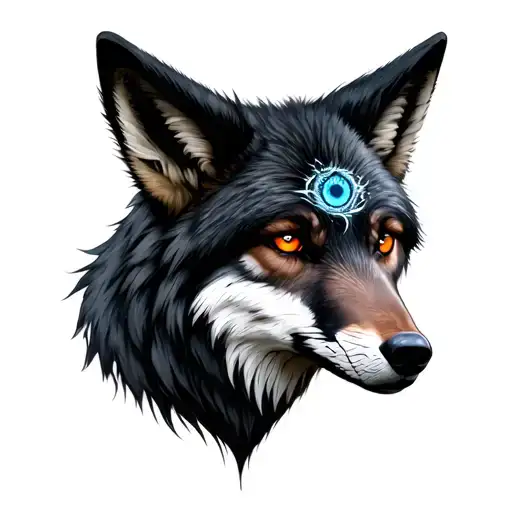 Black Fox With A Third Eye In The Forehead And Features Of A Wolf With An Orange Scarlet Eyes