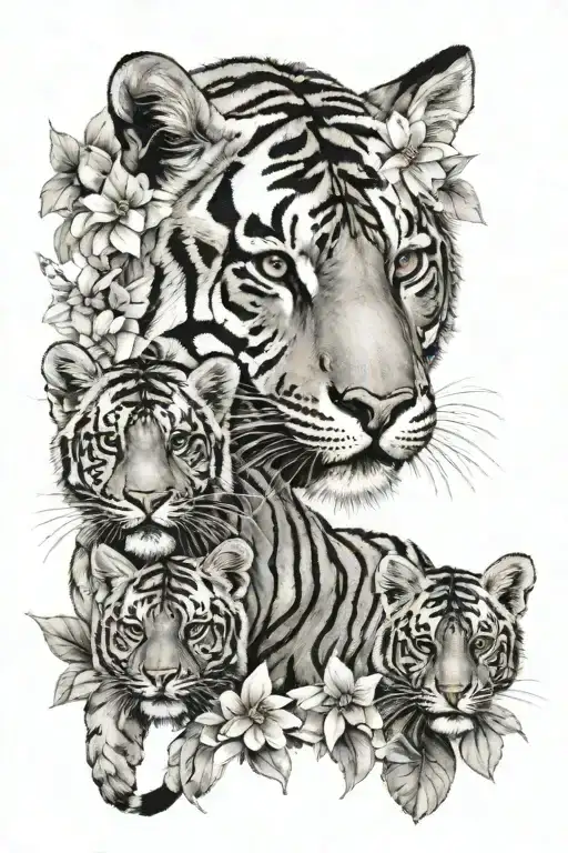 Tigress With Two Cubs And Flowers