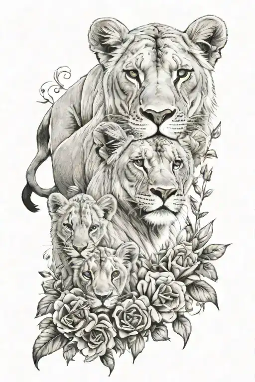 Lioness With Two Cubs And Flowers