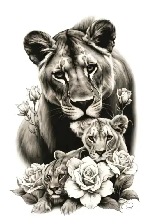 Lioness With Cubs And Flowers