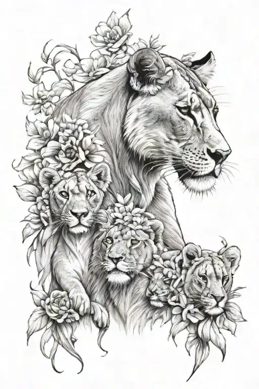 Lioness With Cubs And Flowers