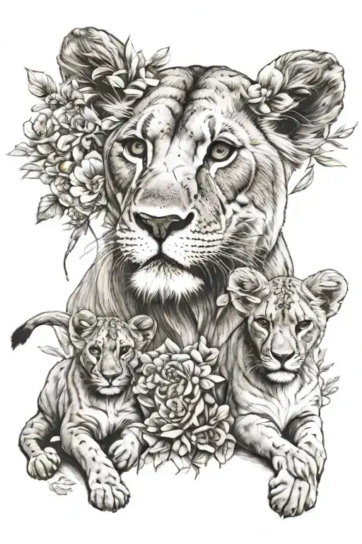 Lioness With Cubs And Flowers
