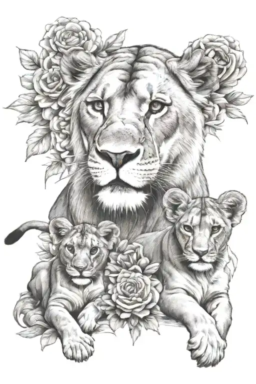 Lioness With Cubs And Flowers