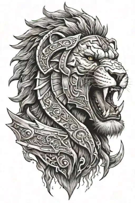 Spartan Warrior Behind Him There Is Atlantic Lion Opening His Mouth