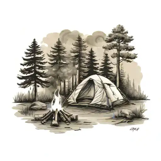 Camping Scene With A Tent Surrounded By Trees With Campfire And Smoke