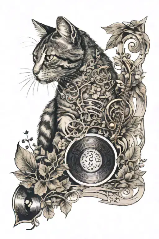 Cat And Nature Scene Featuring Musical Notes Intertwined