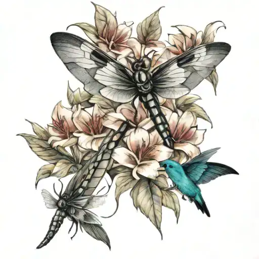 A Dragonfly And Cardinal And Hummingbird