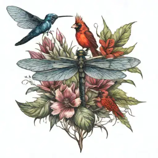 A Dragonfly And Cardinal And Hummingbird In A Landscape