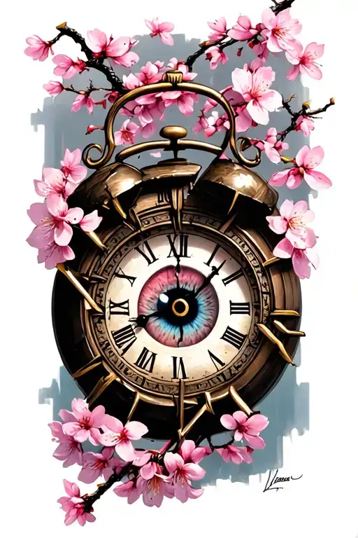 Broken Clock Surrounded By Cherry Blossom With An Eye In The Center
