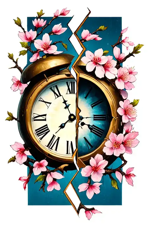 Half -Broken Clock Surrounded By Cherry Blossom With An Eye In The Center