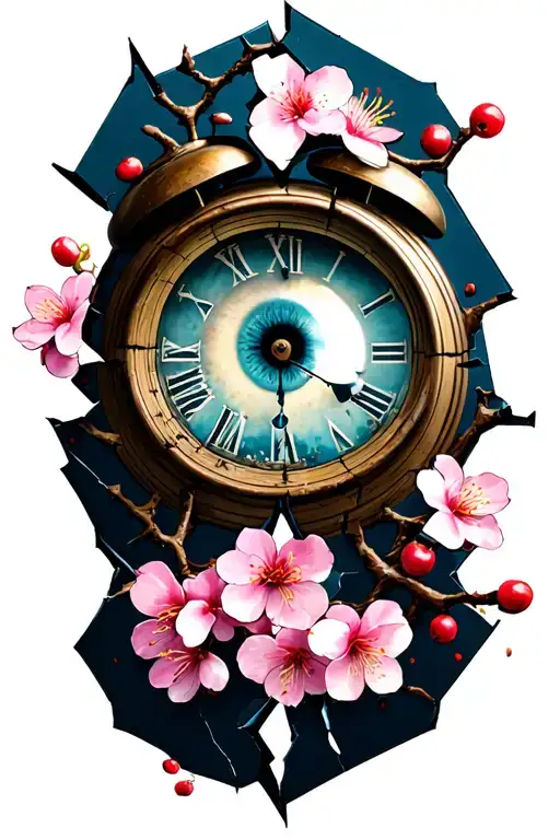 Half -Broken Clock Surrounded By Cherry Blossom With An Eye In The Center
