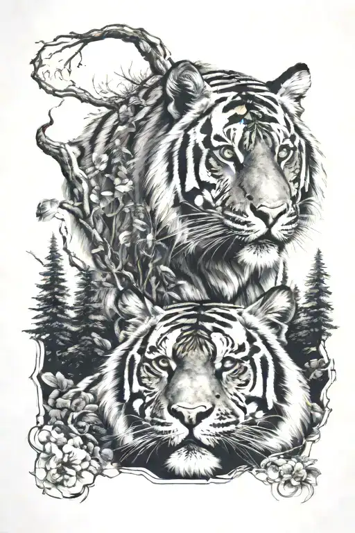 Tiger And Forest Scene Featuring Elements
