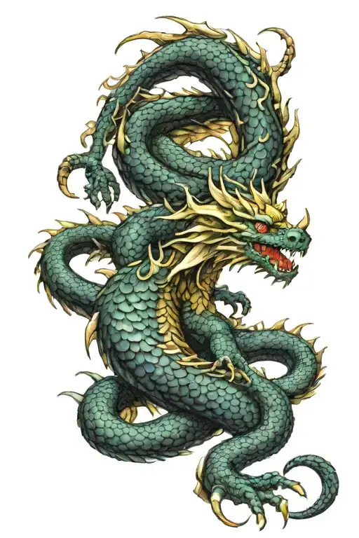 Black Dragon Laying With A Green Dragon Surrounding A Small Golden Dragon