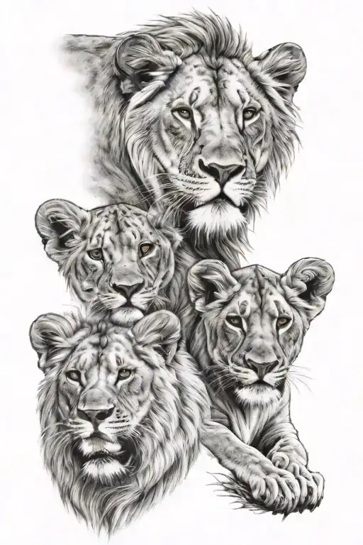 Half Lioness Face And Two Lion Cubs Half Face