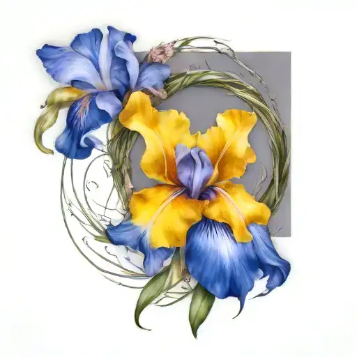 Iris Flower And Dadelion Flower Making A Wreath Encircling