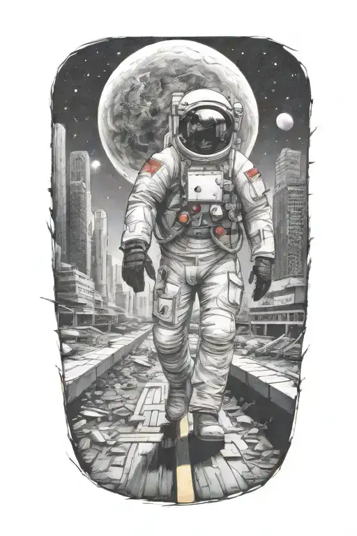 Astronaut Walking Down Road In Abandoned Metropolis Crumbling Skyscrapers Under Cosmic Sky