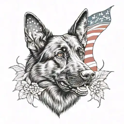Black German Shepherd Wrapped With American Flag And Vines