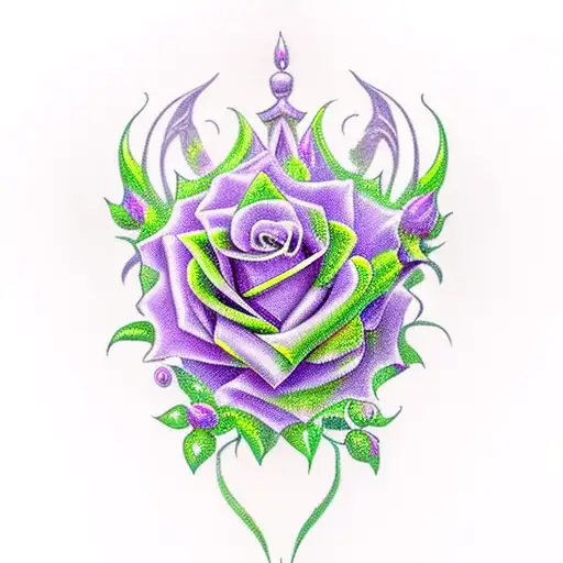 Purple Roses With The Evil Queen Crown In Fron Of A Flying Raven With Filigree