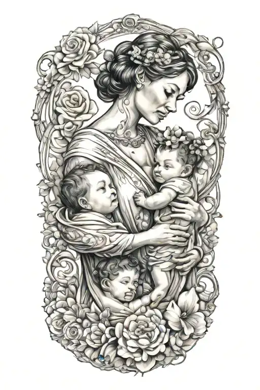 Mother With A Little Girl And Infant Baby Boy