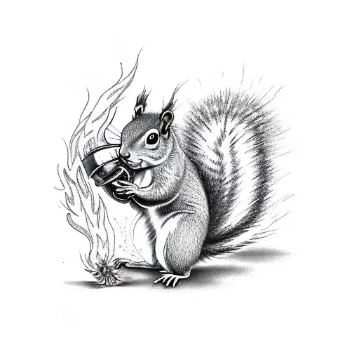 Squirrel On Fire With Fire Hose Fighting Fire
