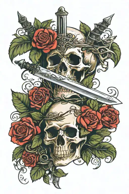 Sword Through Skull With Red Roses And Green Leafs Around