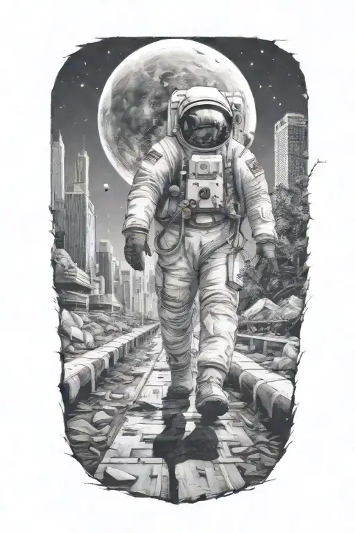 Astronaut Walking Down Road In Overgrown Metropolis Crumbling Skyscrapers Under Cosmic Sky