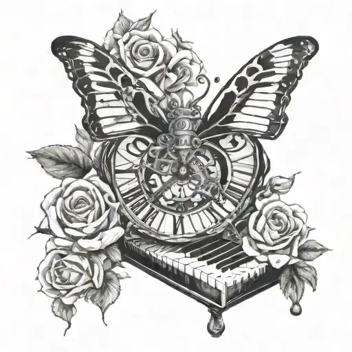 Piano Keys Butterfly Rose Broken Clock Black