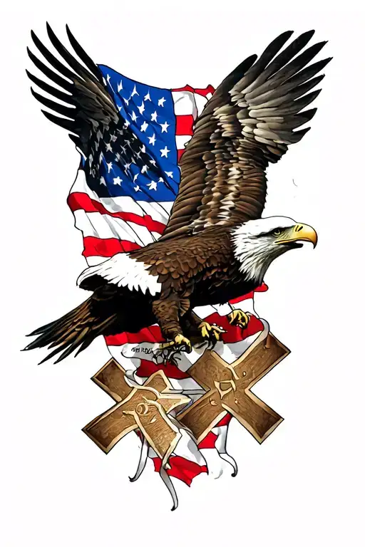 Bald Eagle And American Flag And Crosses
