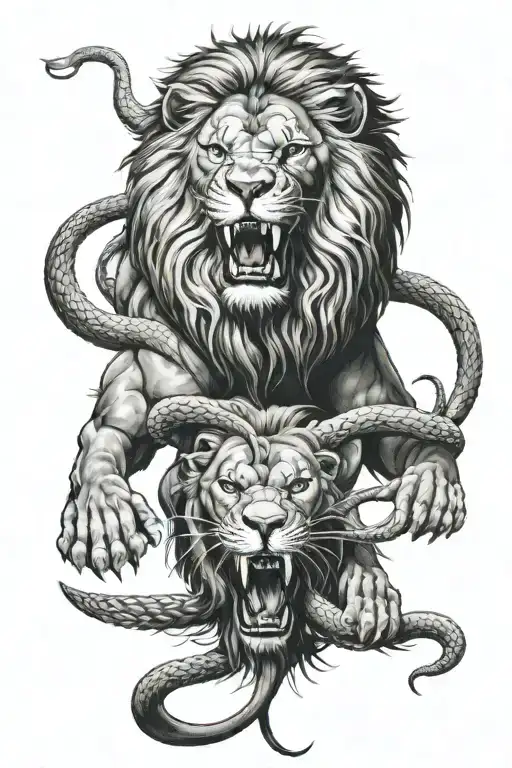 Lion With Taipan Instead Of A Tail Opposing Evil In Darkness