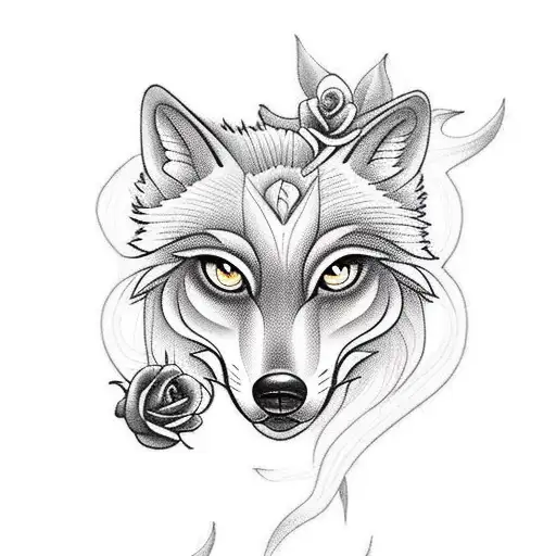 A Pin Up Girl With Two Roses And A Howling Wolf