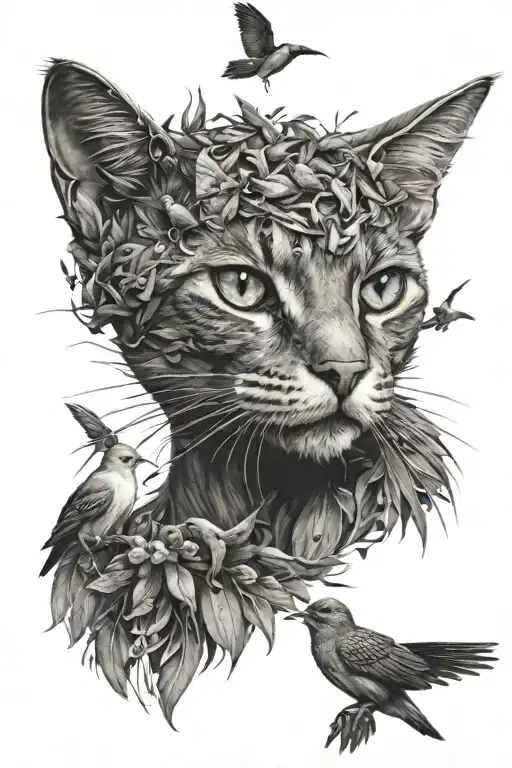 Cat Portrait Surrounded By Birds