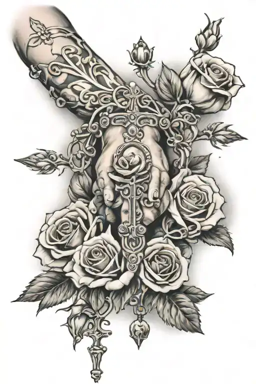 Rosary Going Down Arm Leading To Thumb With Roses And Smoke