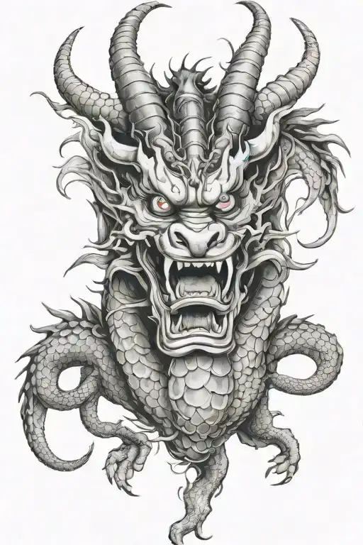 Japanese Dragon Wrapped Around Oni Mask
