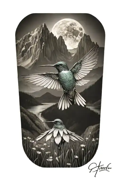 Humming Bird With Mountain At The Back And A Gratitude Symbol