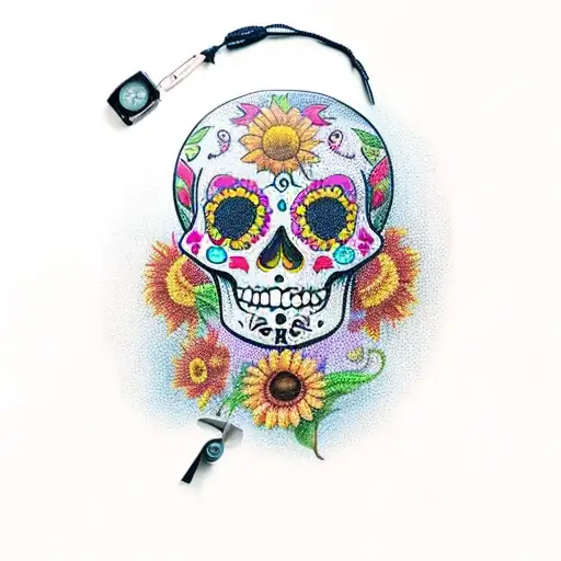 Girl Sugar Skull Holding A Old Stop Watch With Colored Sunflowers Around Her Head