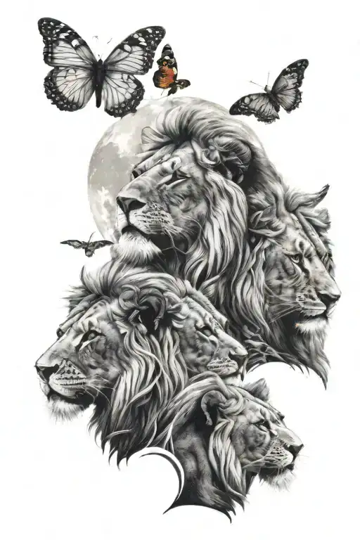 3 Lions With A Butterfly And Full Moon Surrounded