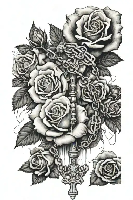 Rosary Tattoo Going Down Forearm With Roses And Smoke Trailing Leading To Thumb