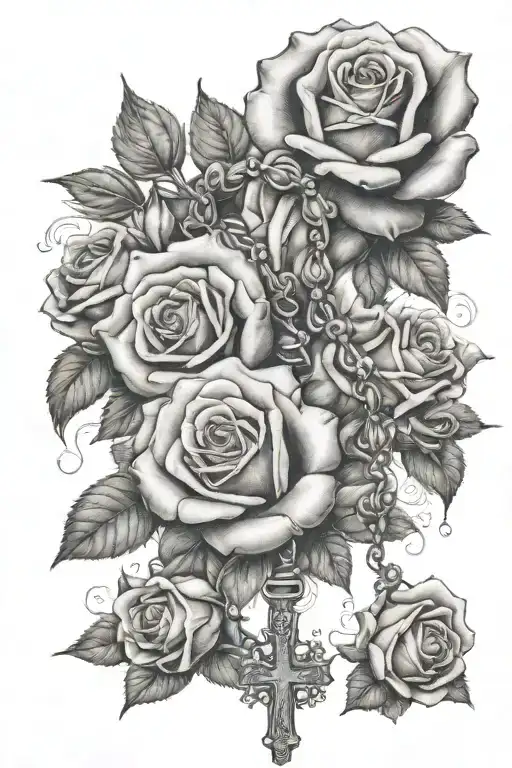 Rosary Tattoo Going Down Forearm With Roses And Smoke Trailing Leading To Thumb