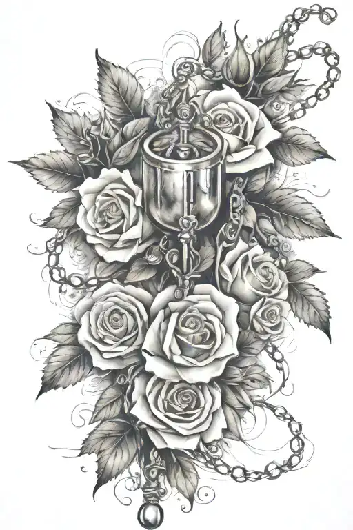 Rosary Tattoo Going Down Forearm With Roses And Smoke Trailing Leading To Thumb