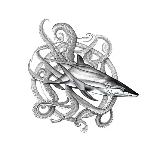 Both A Swordfish And An Octopus Wrapped Around An Anchor