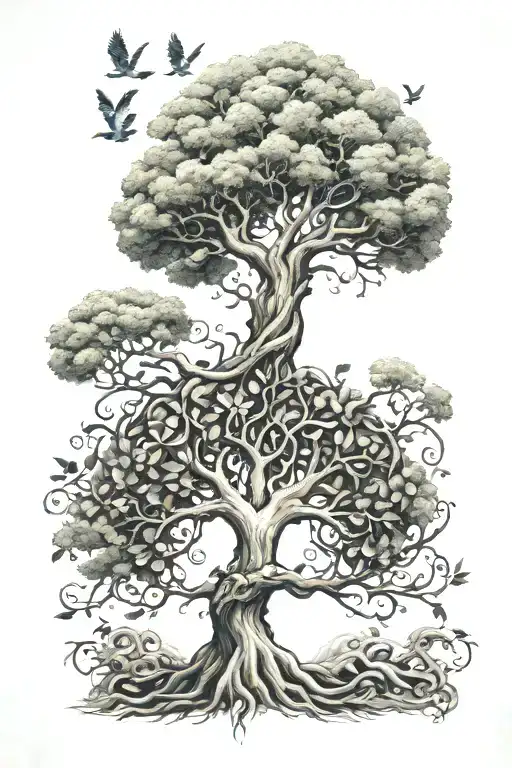 A Tree Of Life Design Incorporating Symbols Of Luck And Karma
